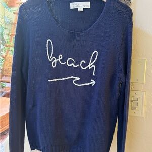 Vintage Navy Crewneck Sweater with White 'beach' Script and Arrow